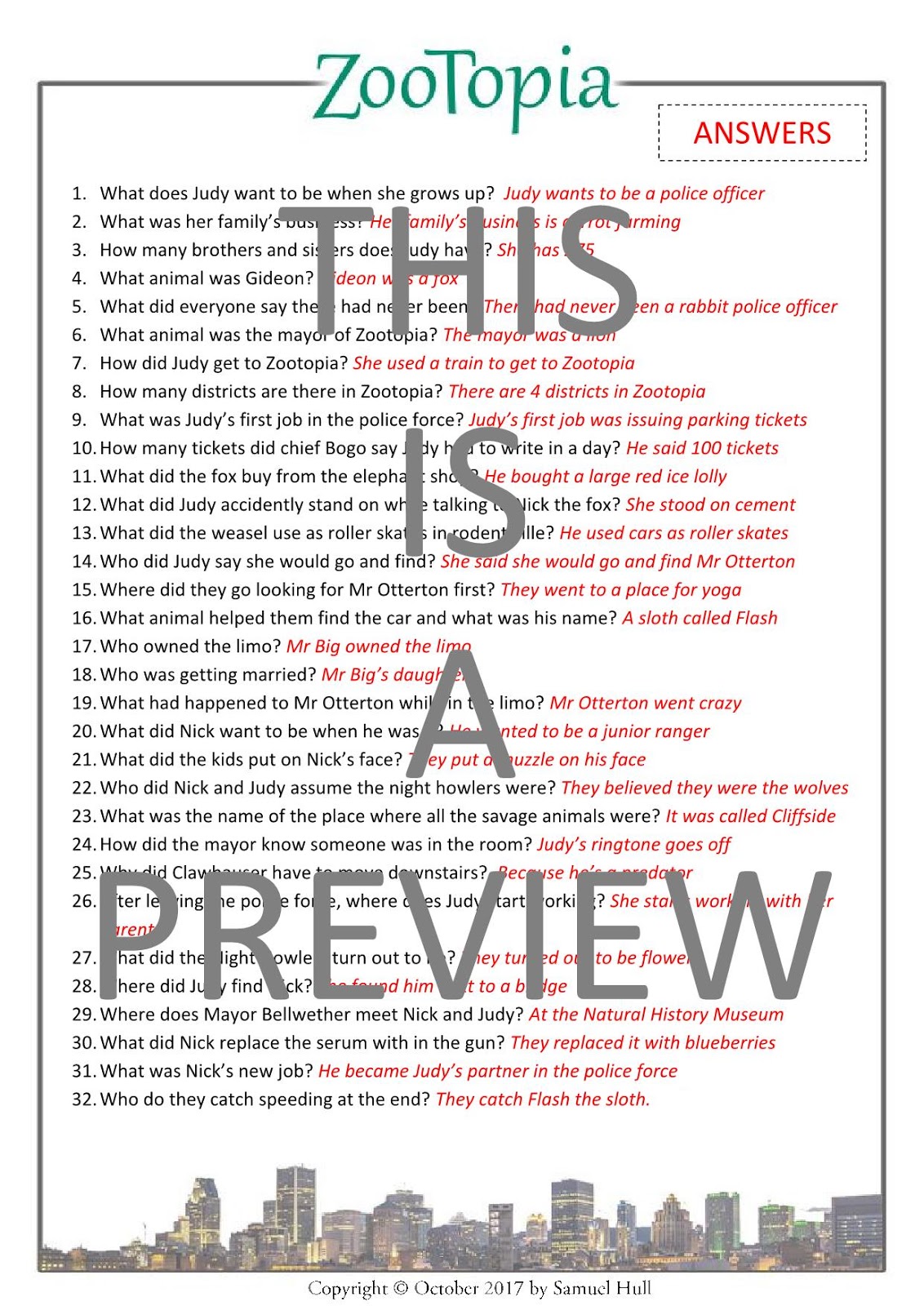 Disney's Zootopia (2016) Movie Questions + Activities Answer Key