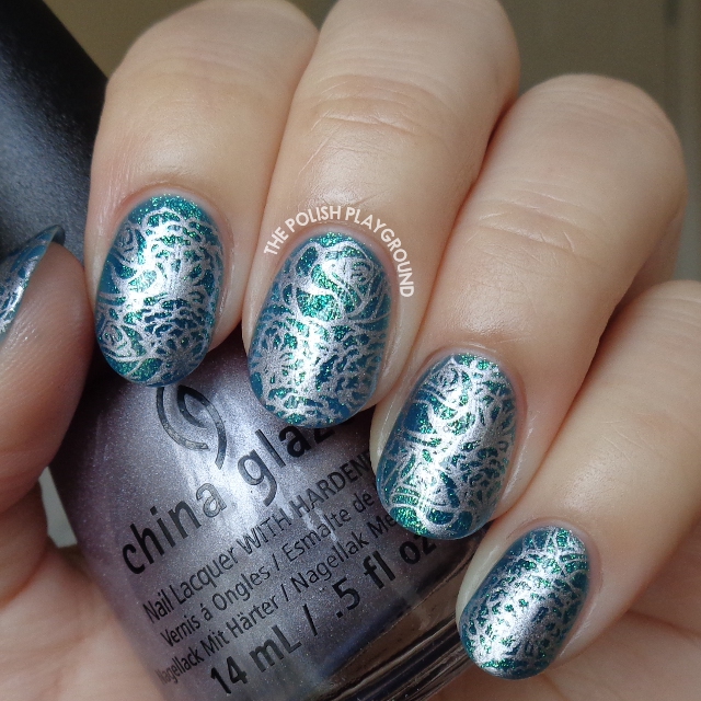 Blue Green Glass Fleck with Silver Floral Stamping Nail Art