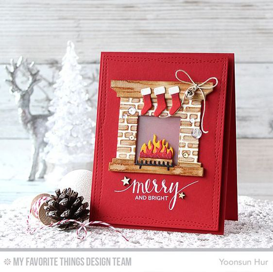 Handmade card from Yoonsun Hur featuring Hand Lettered Holiday stamp set, Wonky Stitched Rectangle STAX and Fireplace Die-namics, and English Brick Wall stencil #mftstamps