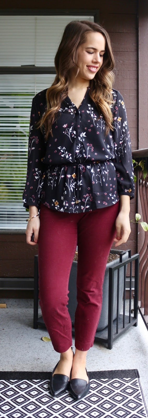 Jules in Flats - Dark Floral Peplum Blouse and Burgundy Ankle Pants