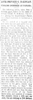 "Late Private C. McKinlay," The Clutha Leader, 24 May 1918, p. 5, col. 5; digital images, Papers Past - National Library of New Zealand (https://paperspast.natlib.govt.nz/ : accessed 21 Jan 2018), Newspapers.