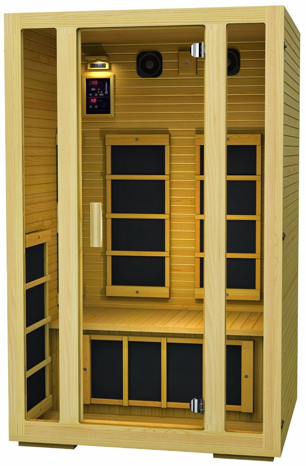 JNH Lifestyles 2 Person Far Infrared Sauna 7 Carbon Fiber Heaters, review, dual wall construction for better heat insulation, easy to use digital control, premium sound system, tools-free design for easy construction, ETL approved, UL-listed components, 100% Canadian Hemlock T&G timber