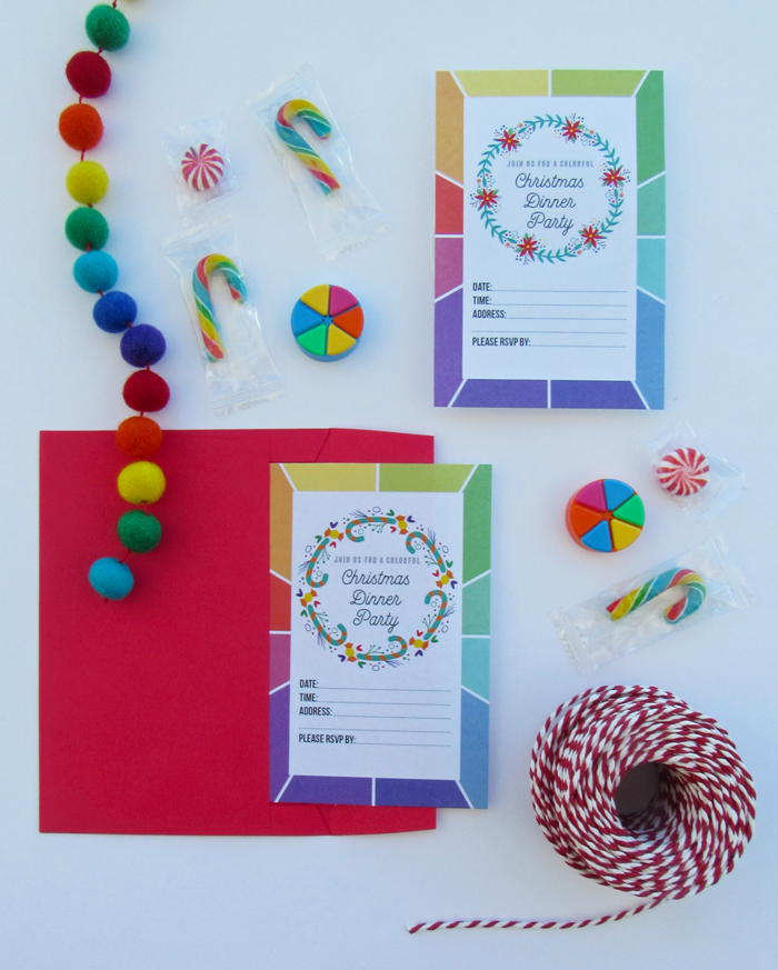Freebie: Colorful Christmas Dinner Party Printable Stationery - La Lilú Free printable color wheel inspired Christmas dinner party invitations, color love, entertaining, holidays