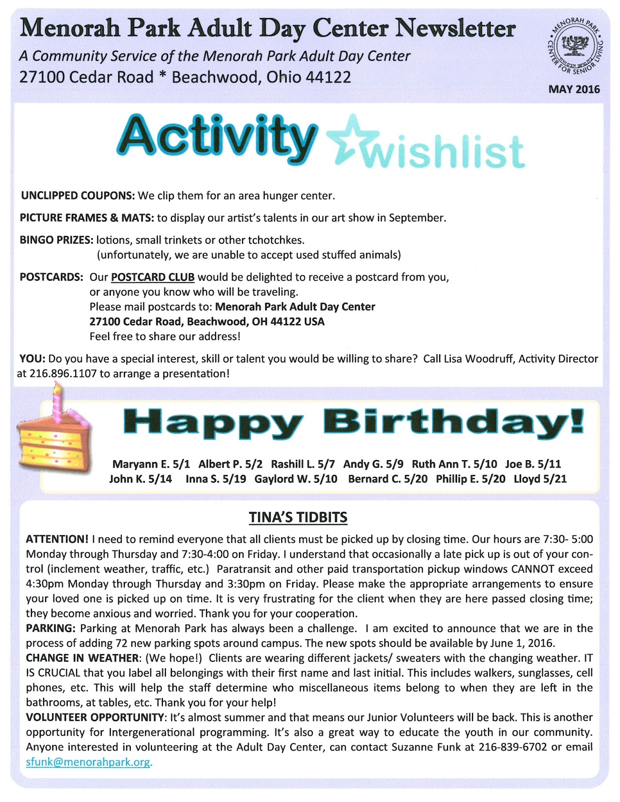 Menorah Park's Mandel Adult Day Center in Cleveland, Ohio MAY 2016