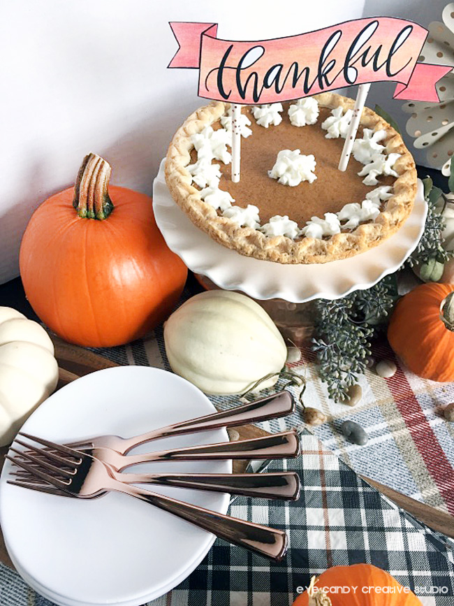 thankful poe topper, hand lettered, pumpkin pie, thanksgiving, friendsgiving