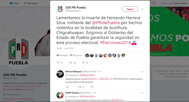 CDE del PRI condena asesinato de representante seccional en Chignahuapan