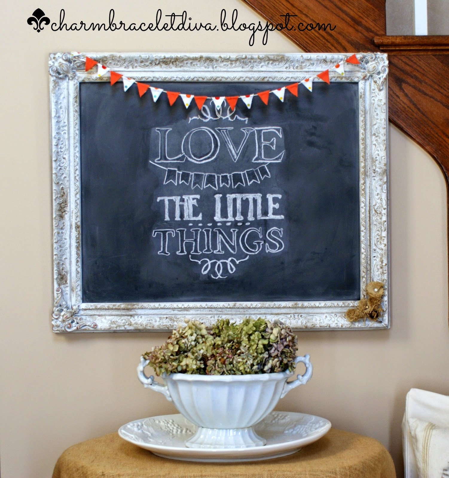 Love the Little Things quote on vintage frame chalkboard with mini bunting