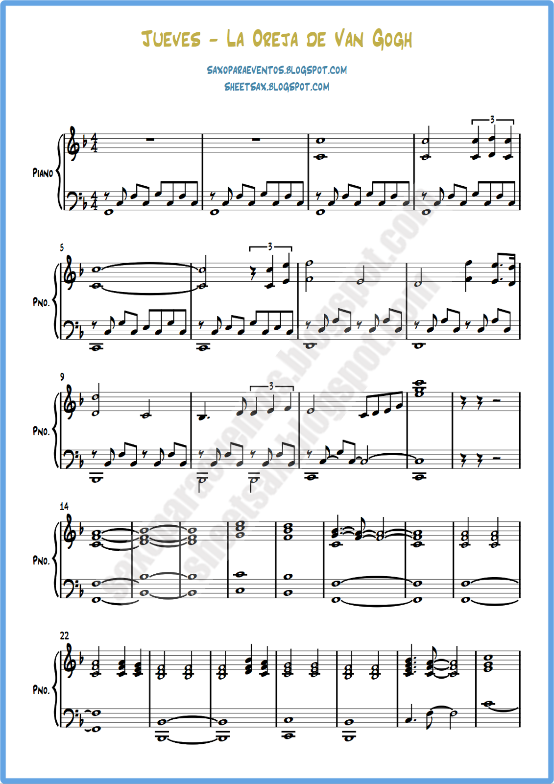 continuar Independiente zona Partitura para piano de Jueves de La Oreja de Van Gogh - Partituras y  pistas para saxo | Sheet music and Play Along for sax