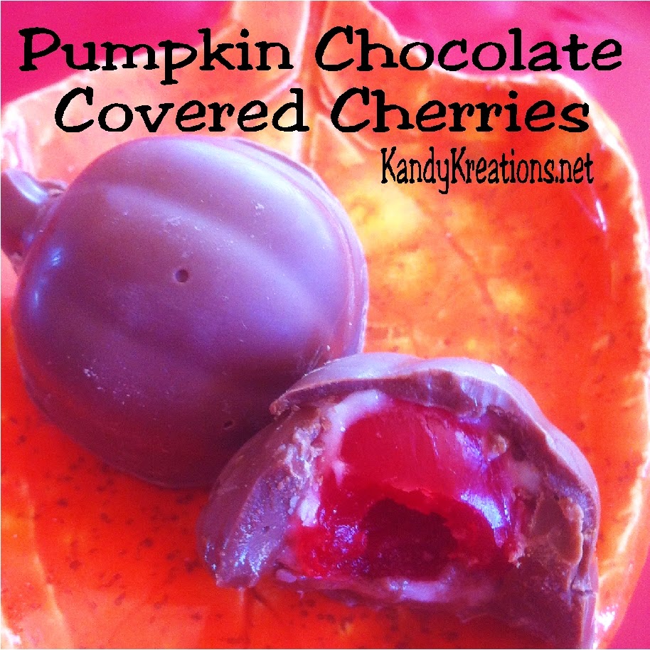Celebrate Halloween with this sweet Pumpkin candy recipe.  These chocolate covered cherries are in the shape of pumpkins using a cheap dollar store mold and an easy candy recipe.  These chocolate candies are perfect for any fall holiday including Halloween and Thanksgiving, or just a more beautiful take on the store bought chocolate covered cherries.