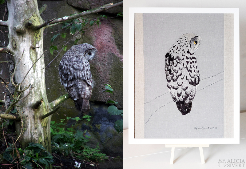 Strix nebulosa, Lappuggla, referensfoto och färdigt broderi av Alicia Sivertsson. aliciasivert alicia sivert sivertsson konst textilkonst textil textilt bild bildskapande broderi skapa skapande brodera embroidery needlework textile art artist creativity lappuggla strix nebulosa great grey owl gray