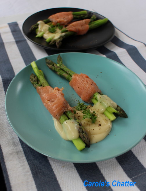 Carole's Chatter Asparagus wrapped in smoked salmon with Hollandaise