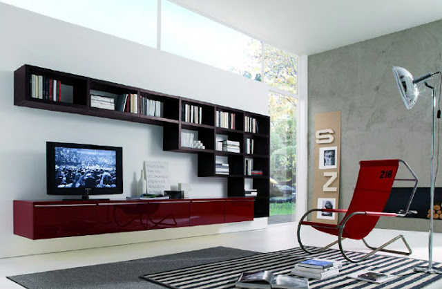 interior desain dengan TV dan Rak Buku