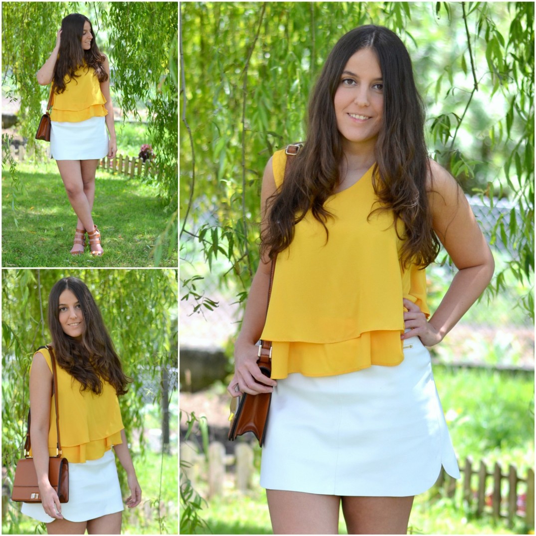 mustard blouse, blusa mostaza, white skirt, polipel skirt