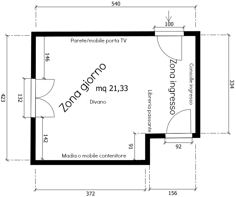 Planimetria piccolo ingresso-soggiorno da separare con l'uso delle librerie passanti