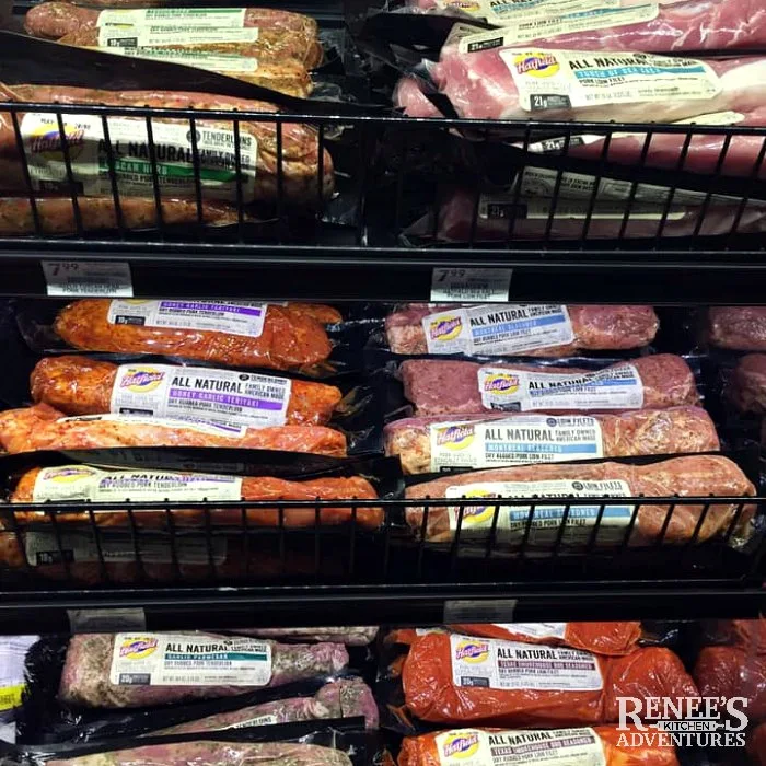 Fresh meat department at Giant Eagle shelves full of Hatfield (r) pork loin filets and tenderloins ready for purchase to make Grilled Pork Loin with Pineapple Salsa by Renee's Kitchen Adventures 