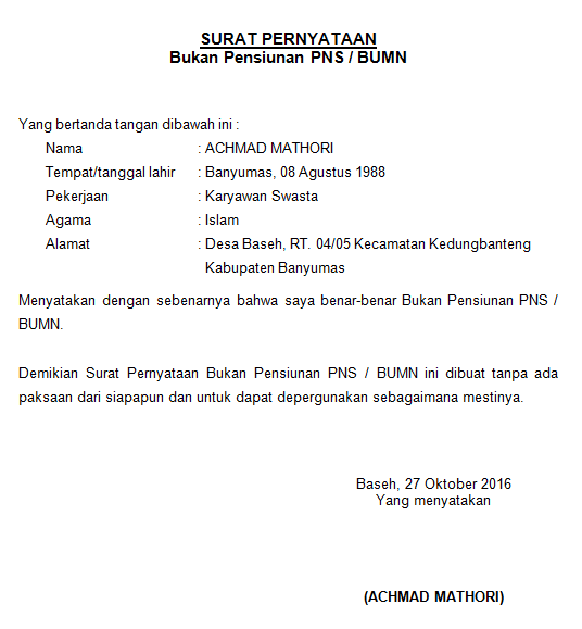 Contoh Surat Pernyataan Bukan Pensiunan Pns Bumn