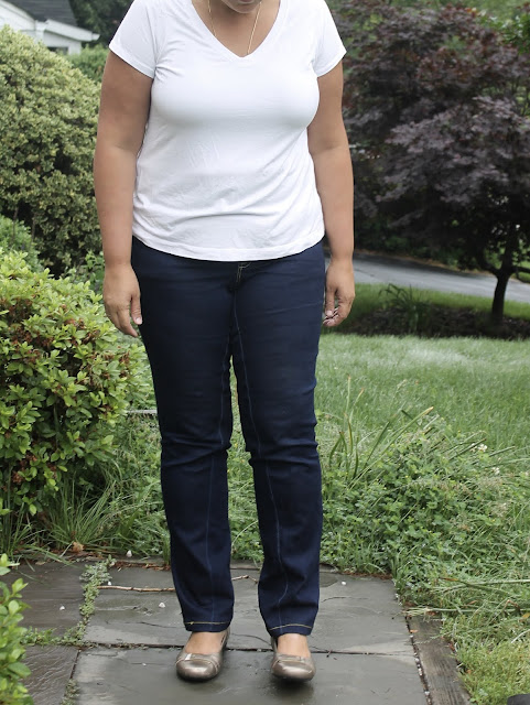 Dark blue pull-on stretch jeans made from the Ginger Jeans sewing pattern by Closet Case Files.