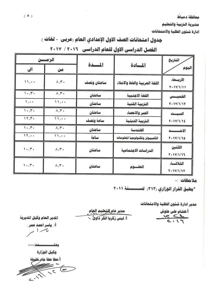 جدول امتحانات الصف الأول الإعدادي الترم الأول 2017 محافظة دمياط جدول امتحانات الصف الأول الإعدادي الترم الأول 2017 محافظة دمياط