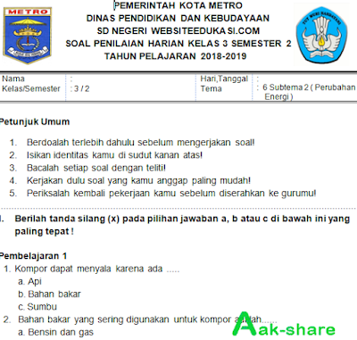 Soal PH Kelas 3 Tema 6 Sub Tema 1 Revisi 2018