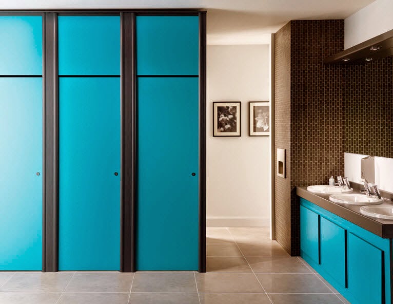 The beautiful turqoise restroom partitions image