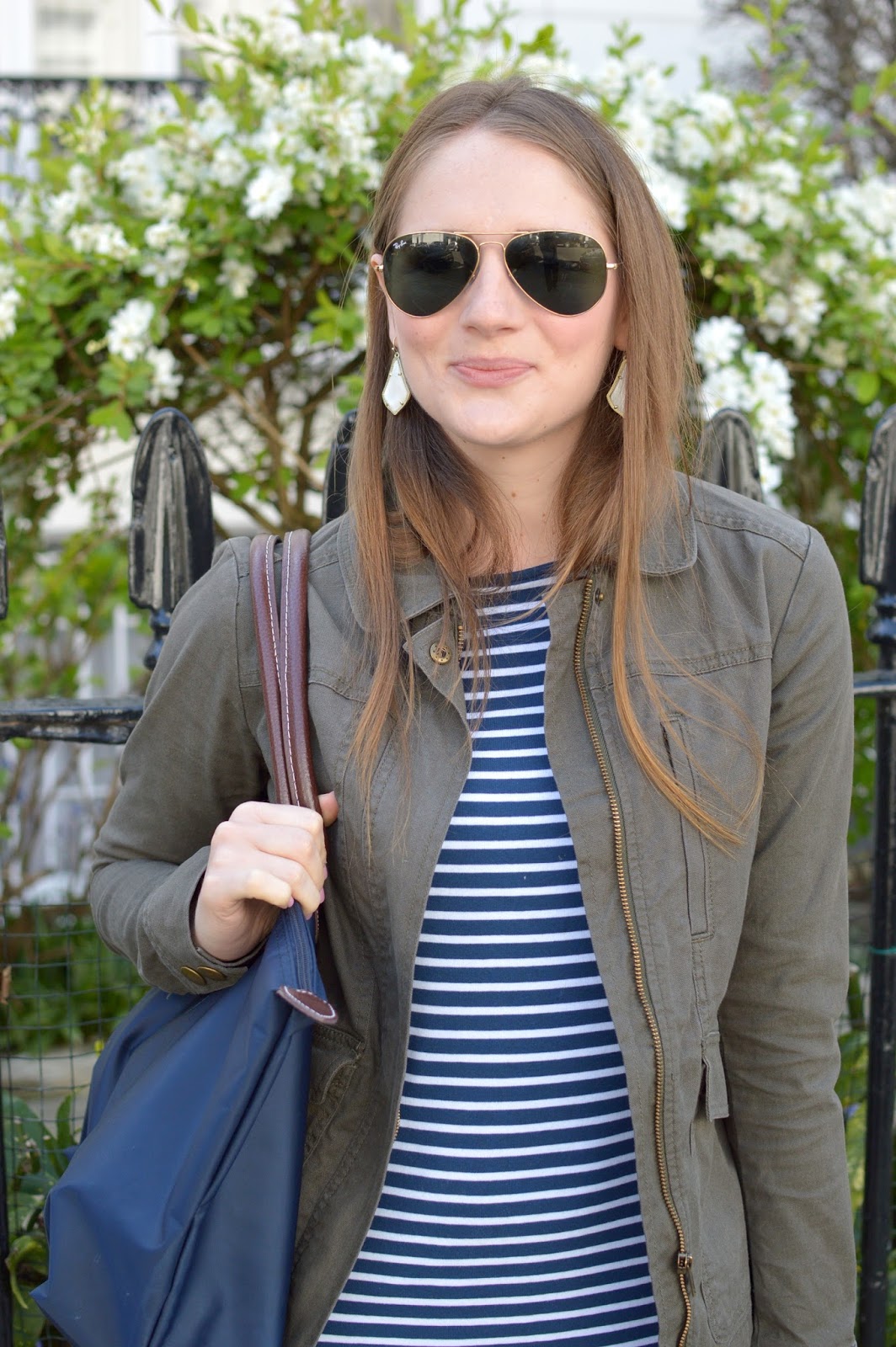 military jacket with a striped t-shirt dress | casual spring outfit ideas | what to wear this spring | spring outfits | what to wear with a military jacket | outfits with stripes | 