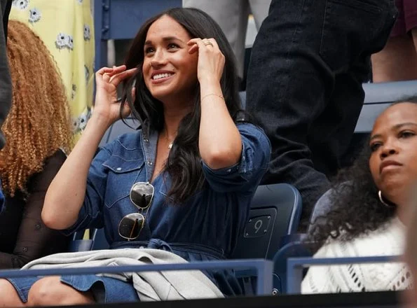 Meghan Markle wore a new denim belted shirt dress by J.Crew, and also wore a grey collarless sweater blazer by the same brand