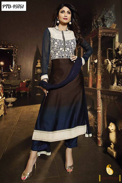 Trendy Blue Color Satin Bollywood Actress Shilpa Shetty Designer Palazzo Salwar Suits Online Shopping with Discount Offer Sale at Pavitraa.in