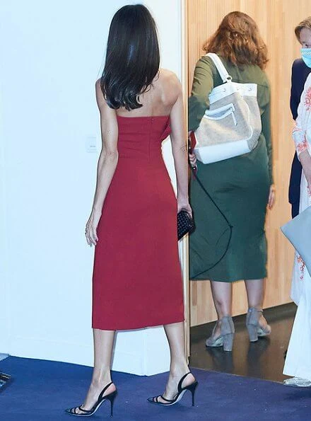 Queen Letizia wore a red dress by Roberto Torretta, a slingback pumps from Manolo Blahnik, she carried Bottega Veneta satin clutch