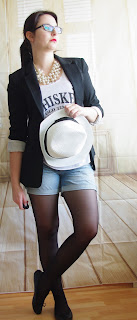 Outfit  Denim Shorts, Whiskey Top, Long Blazer & Hut