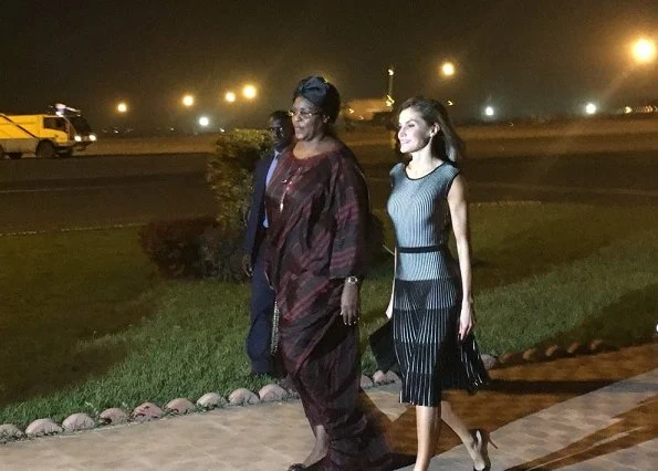 Queen Letizia wore Hugo Boss Franca Stretch Cotton Dress. Letizia met with First Lady Marieme Faye Sall in Dakar