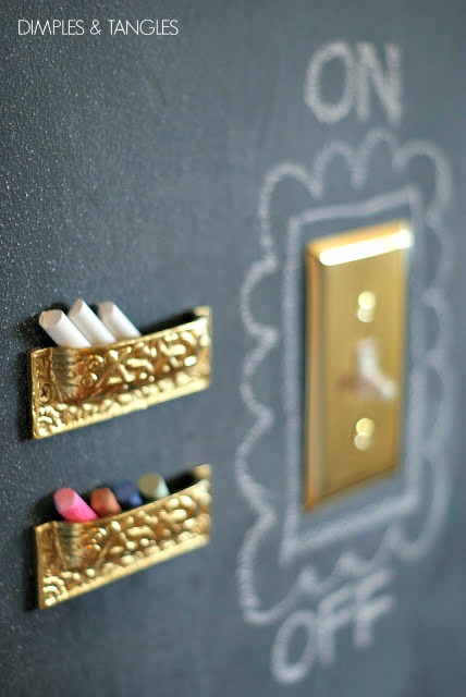 Kitchen Chalkboard Wall Dimples And Tangles I Took Pam S Suggestion And Used A Few Upside Down Drawer Pulls For Little Chalk Holders Changed Out The Switch Plates To Br