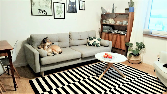 mieszkanie pani króliczek, salon, ikea, salon w stylu retro, salon w stylu skandynawskim, komoda prl, komoda z lat 60, ikea dywan, szara sofa, sofa pure agata meble