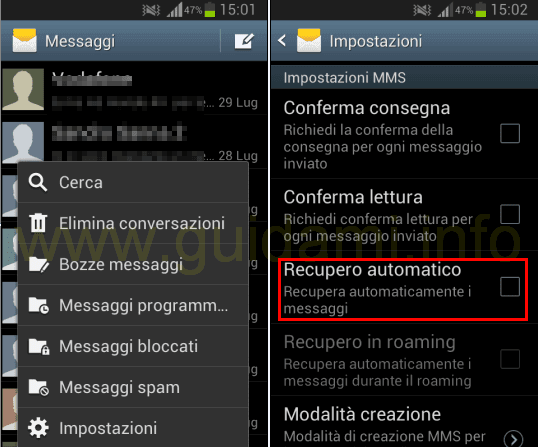 App Messaggi Android disattivare recupero automatico MMS