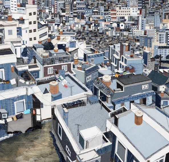 Laundry on Rooftop Korean Denim Artist Choi So young urban landscape Busan second hand denim creative painting