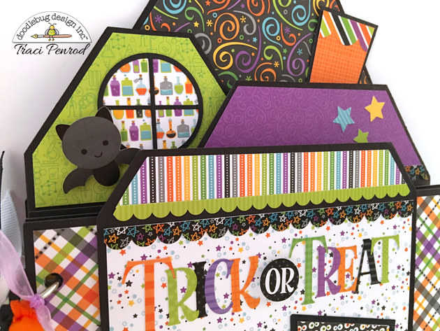Halloween House Shaped Scrapbook Album with bright colors, bats, ghosts, and stars