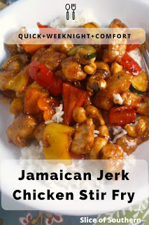 A sweet and spicy stir fry dish that will dreaming of Jamaica!  Jamaican Jerk Chicken Stir Fry - Slice of Southern