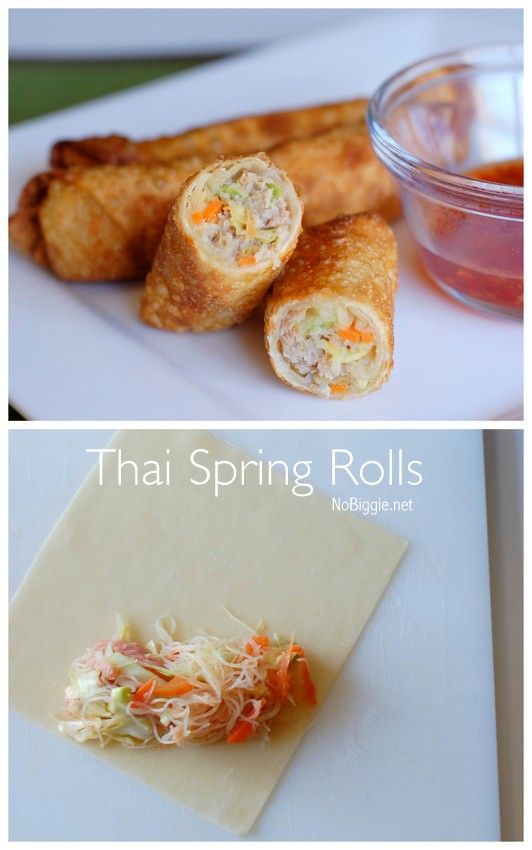 Thai Spring Rolls made with ground pork, matchstick cut carrots, sliced cabbage and thinly sliced onion all wrapped up and fried until golden. Thai Spring Rolls made with ground pork, matchstick cut carrots, sliced cabbage and thinly sliced onion all wrapped up and fried until golden.