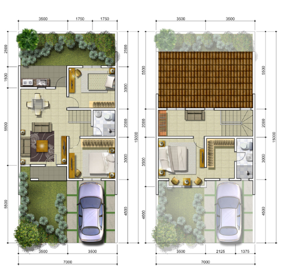 Denah rumah minimalis ukuran 7x15 meter 3 kamar tidur 2 lantai