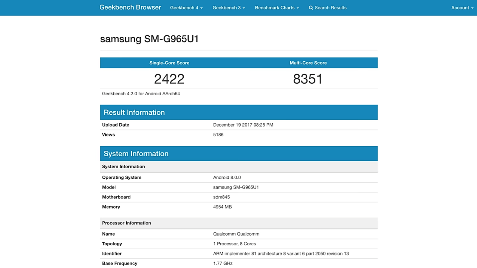 Samsung galaxy s9 geek bench score