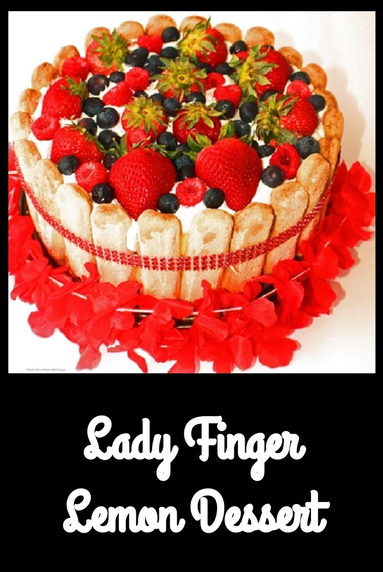 this is a layered cake trifle made in a springform pan. It has cake, lemon pudding, whipped cream, lady fingers around the edges and fresh raspberries, strawberries and blueberries on top. The cake is rich and elegant looking with a faux red diamond band all around and a Hawaiian lei around it on a red dish to serve it on