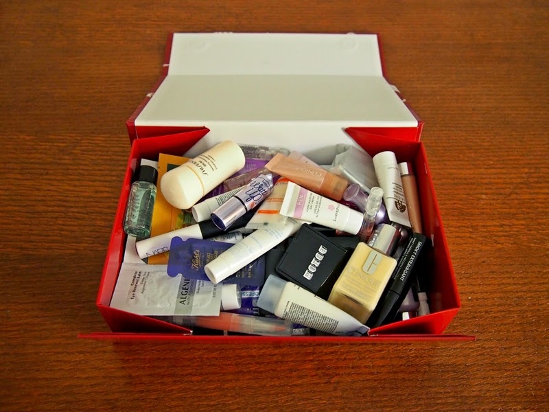 box of sample beauty products