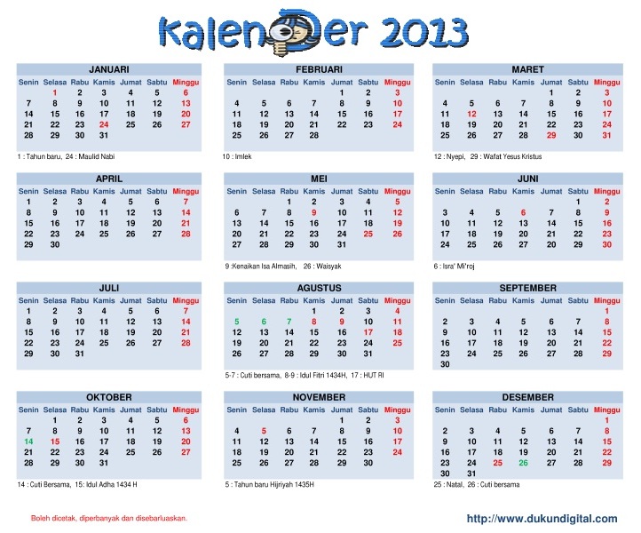 Kalender 2013 Dengan Libur Nasional  Dukun Digital