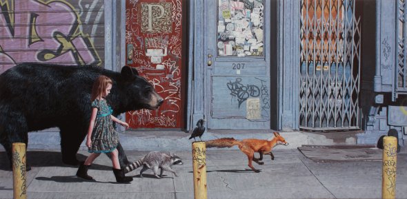 As pinturas hiper-realistas de meninas e animais em cidades abandonadas de Kevin Peterson Kevin Peterson arte pinturas hiper-realistas meninas animais na cidade abandonada surreal solidão