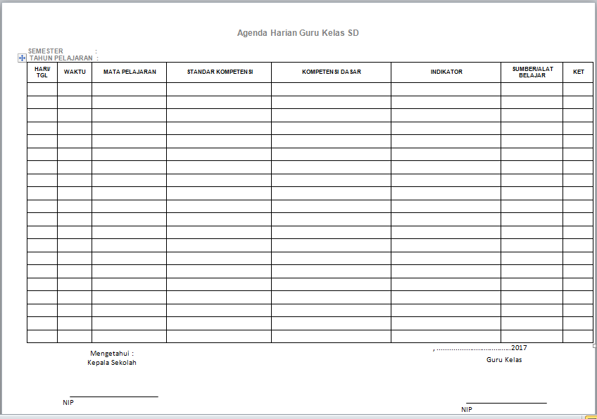 Download / Unduh Format Agenda Harian Guru Kelas SD
