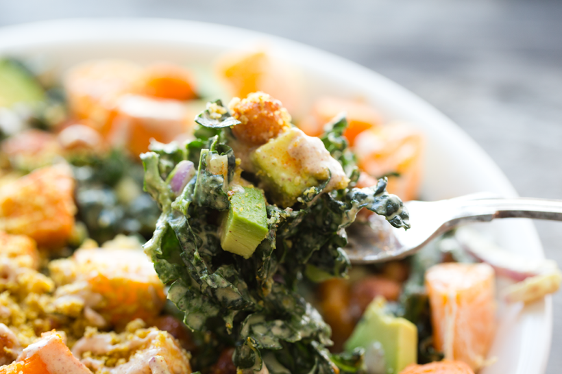 The Eureka! Bowl. Peanutty Kale, Smoky-Maple Chickpeas, Sweet Potato, Avocado. Dive into this The Eureka! Bowl