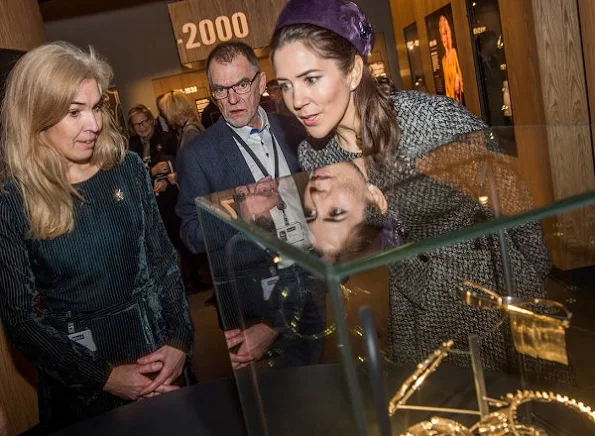 Crown Princess Mary opened the exhibition "The Jewellery Box" at the Old Town Museum in Aarhus. Princess Mary wore wool skirt suit