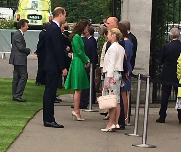 Queen Elizabeth and Prince Philip, Duke of Edinburgh, Catherine, Duchess of Cambridge, Prince William, Duke of Cambridge and Prince Harry, Sophie, Countess of Wessex, Princess Anne, Princesses Beatrice and Eugenie. Kate Middleton wore Catherine Walker dress