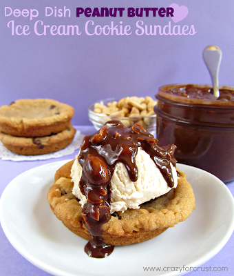 Deep dish peanut butter ice cream cookie sundaes with title on a white plate