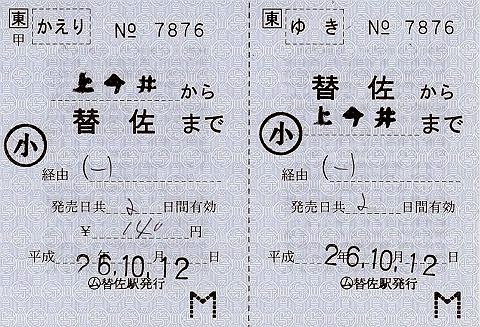 JR東日本　替佐駅　常備軟券乗車券2　発駅常備往復乗車券
