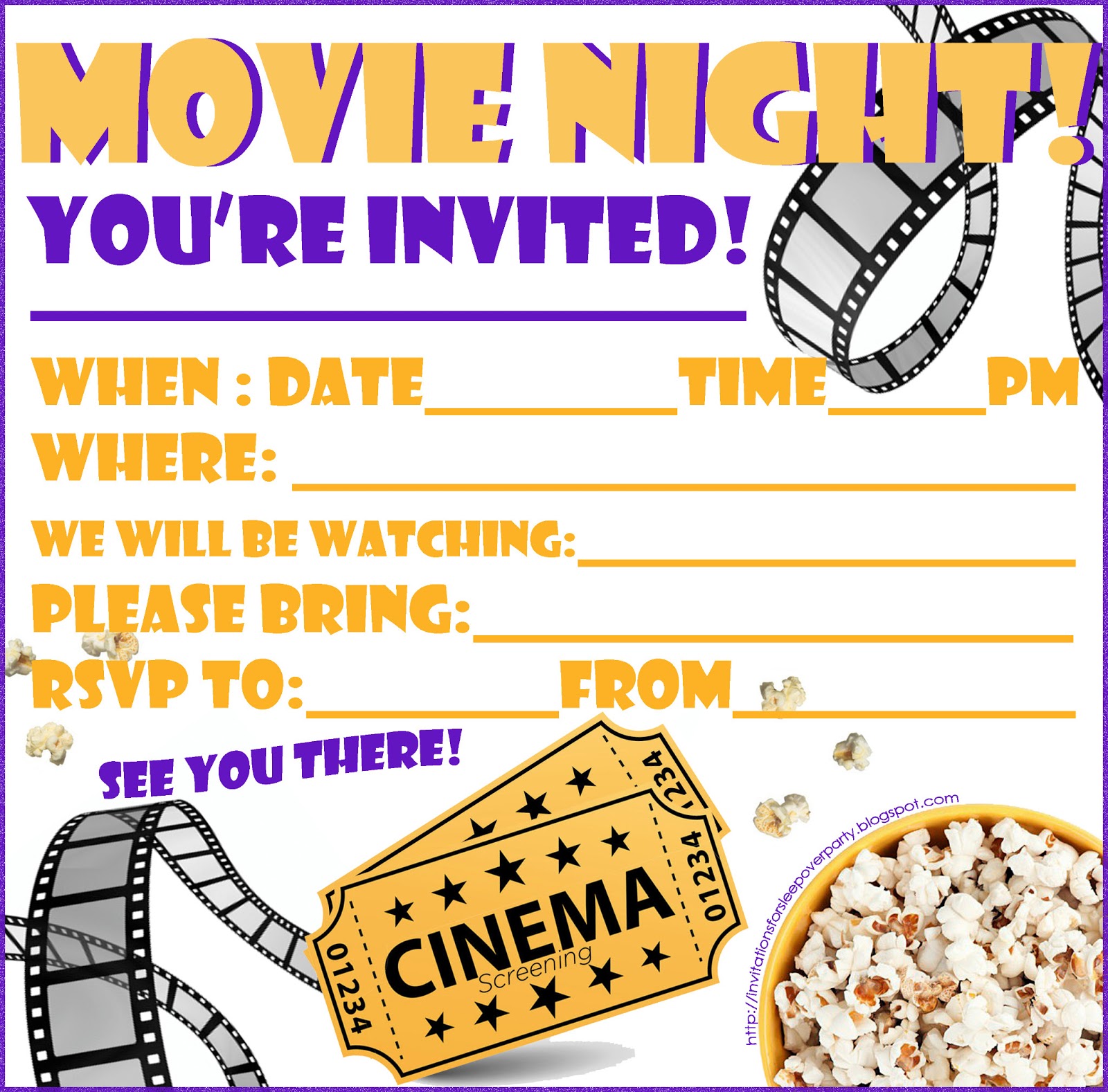 Free Printable Movie Night Party Invitations